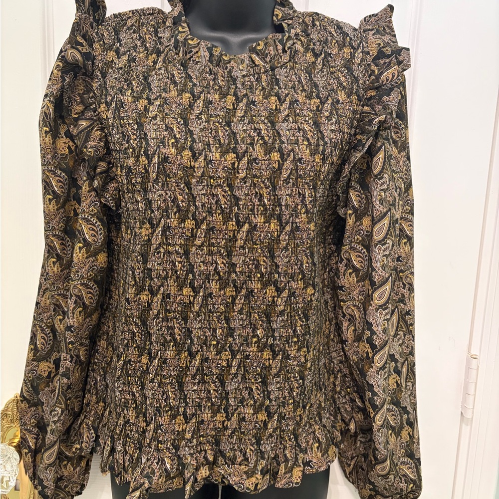 Molly Bracken Multicolor Brown Paisley Ruffle Puff Sleeve Blouse, Stretchy NWOT